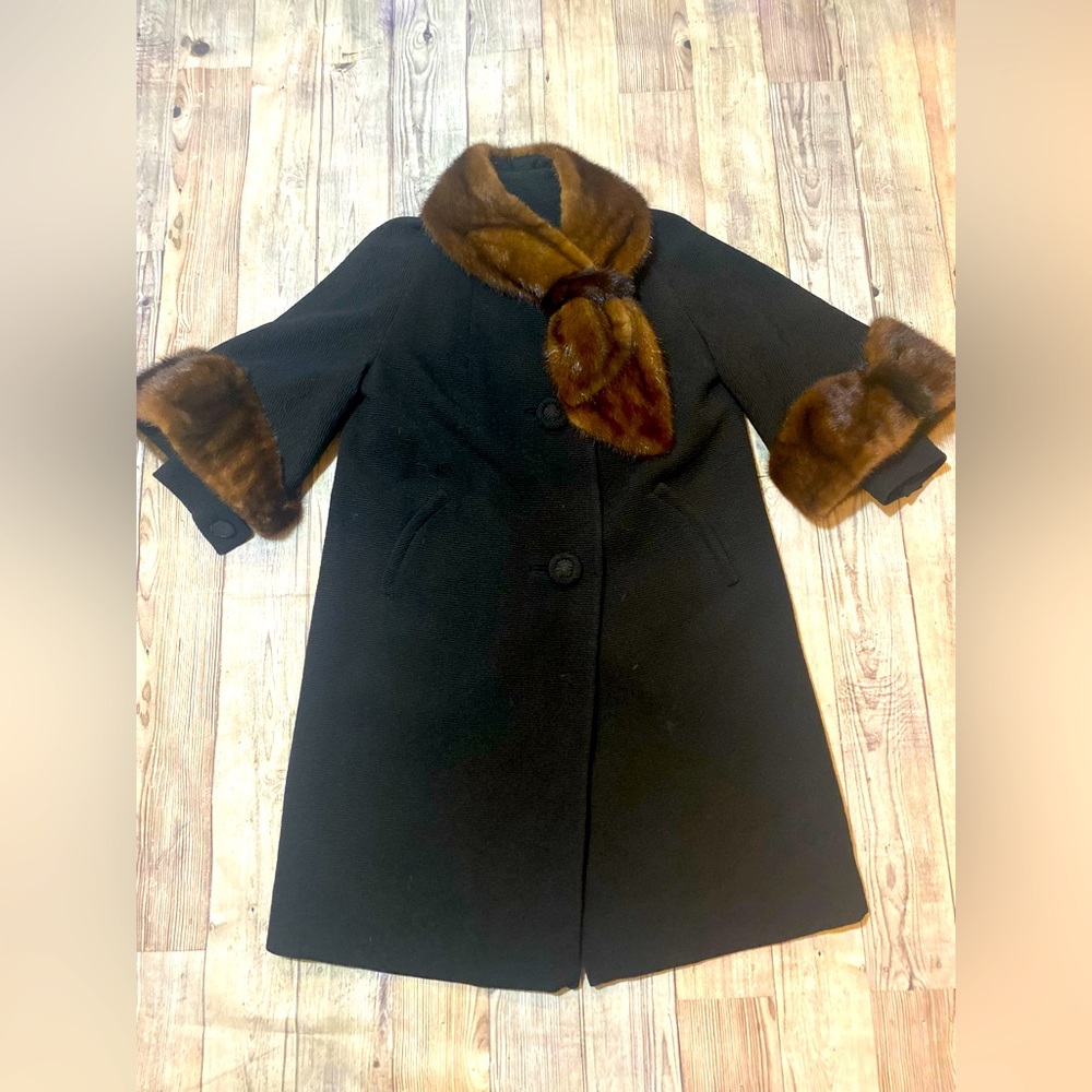 Vintage 1960 Len Artel of Belgium Black Wool Dress Coat W/Real Fur Collar RARE!